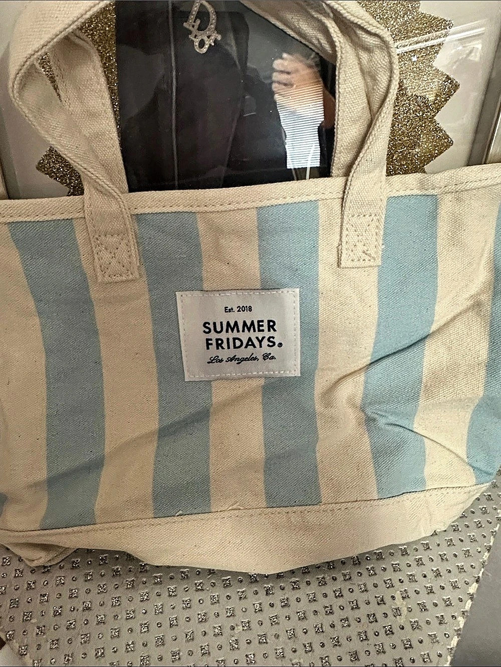 Summer Fridays Striped Canvas Tote Bag in Blue & Cream